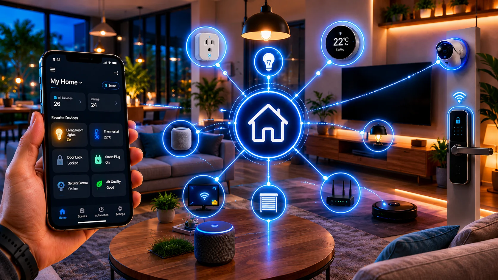 A smart home controlled from a phone app, with lighting, thermostat, lock, camera, and speaker devices connected through a central Matter hub