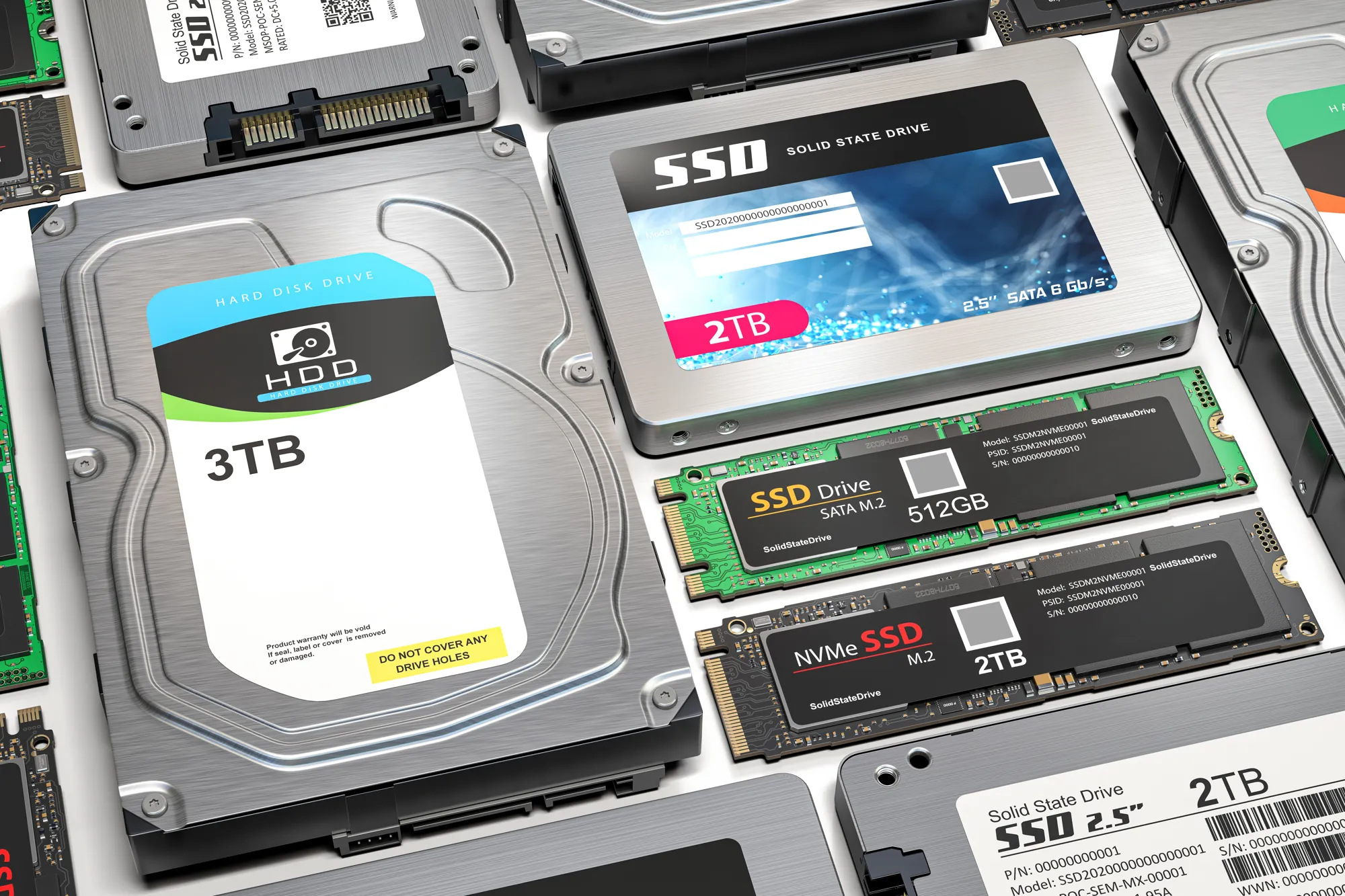 An assortment of Serial ATA storage devices — 2.5-inch SSDs, a 3.5-inch HDD, and M.2 SATA/NVMe modules — representative of the products Novus Labs tests for SATA-IO certification
