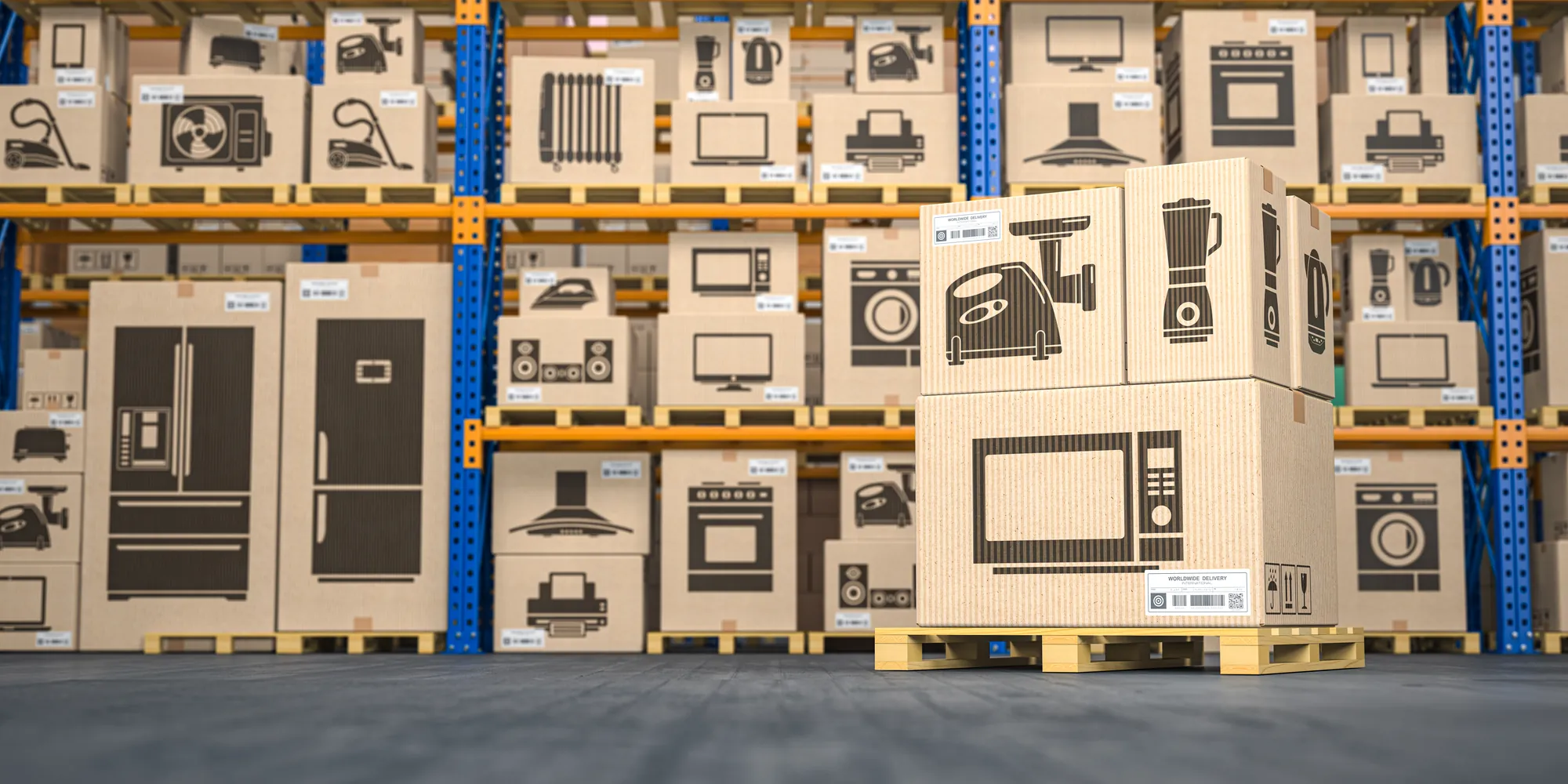 Consumer electronics products boxed and ready to ship