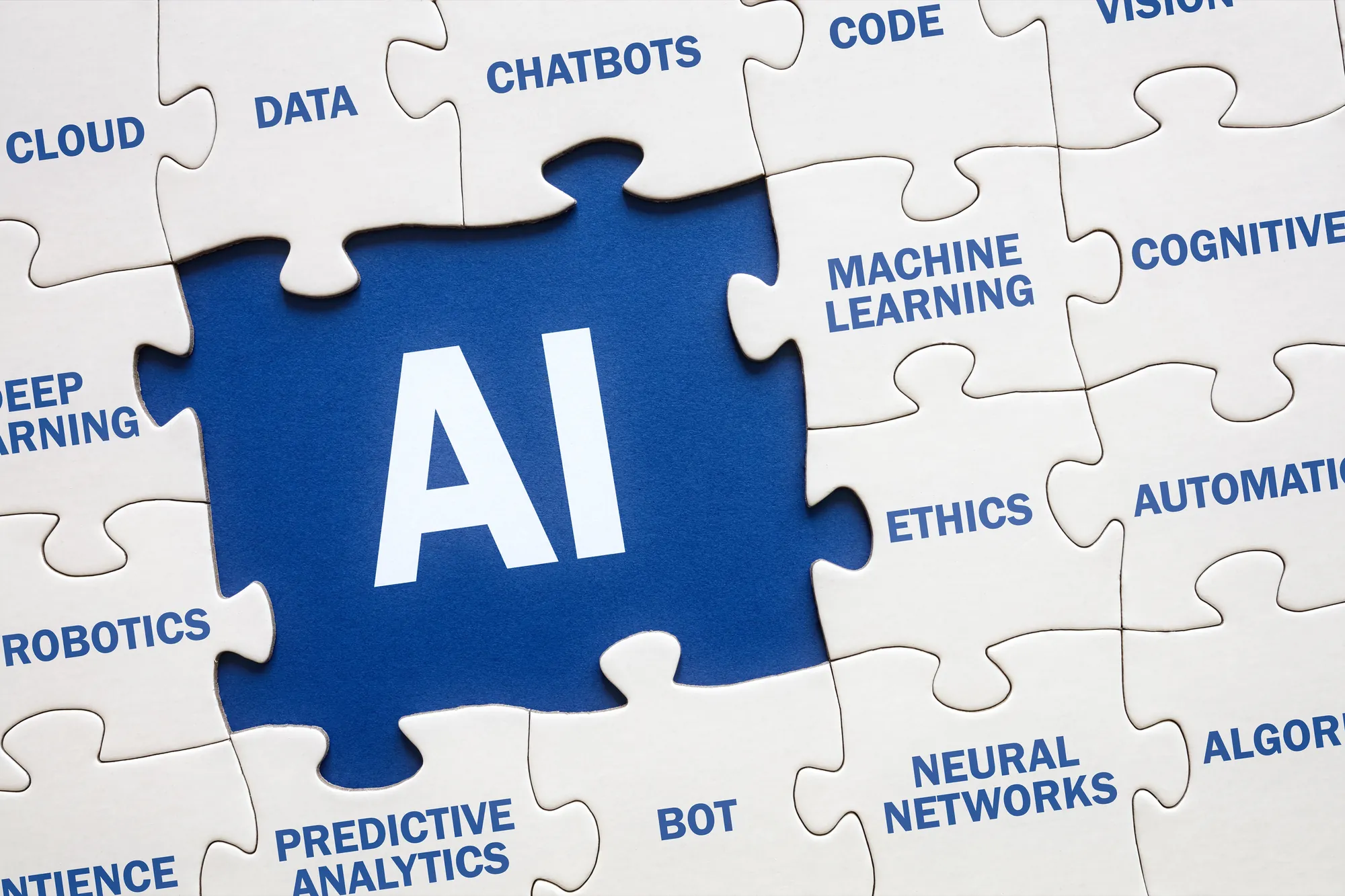 Jigsaw puzzle illustrating AI concepts including machine learning, neural networks, and automation