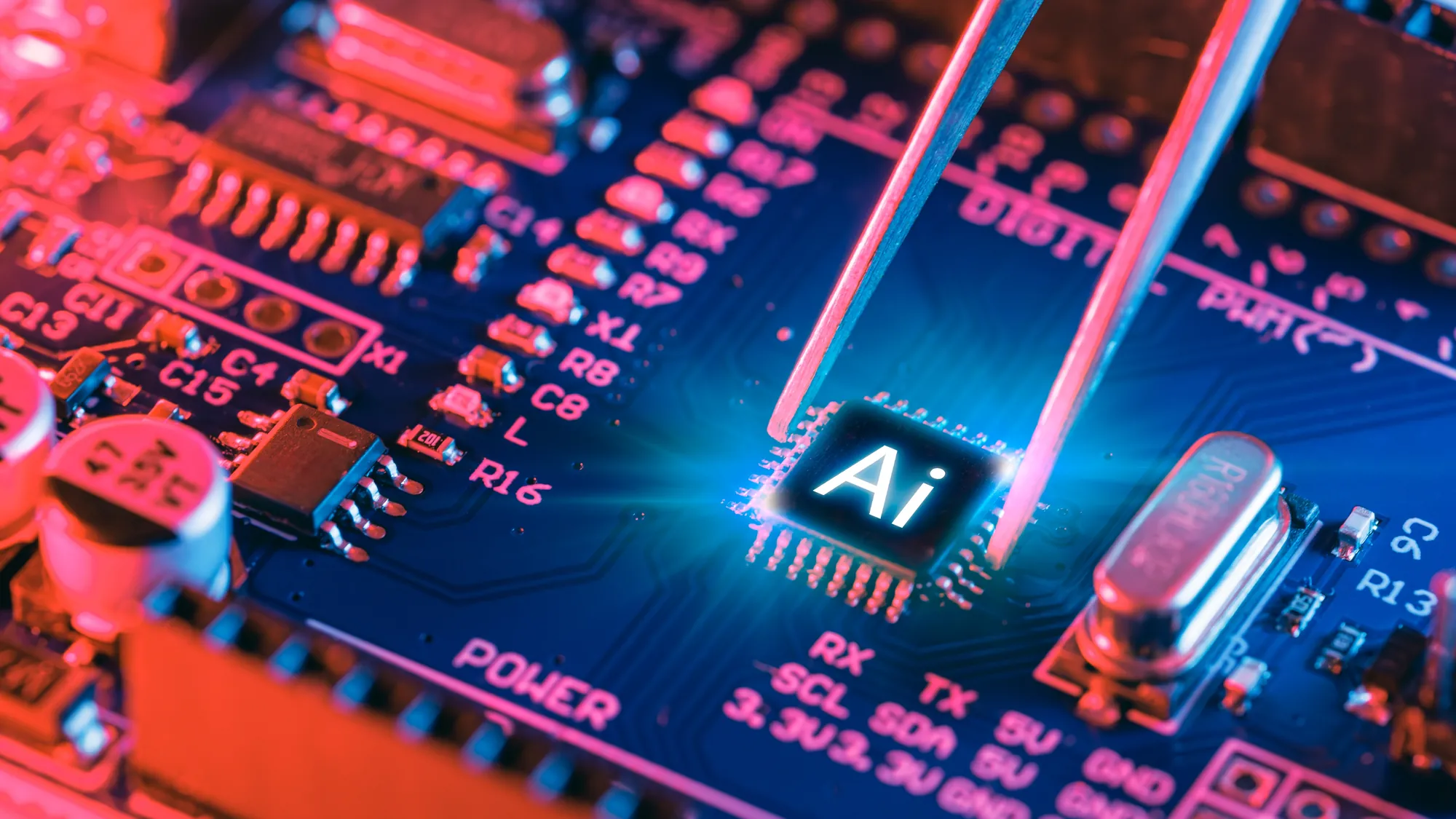 Circuit board with a glowing AI microchip held in tweezers