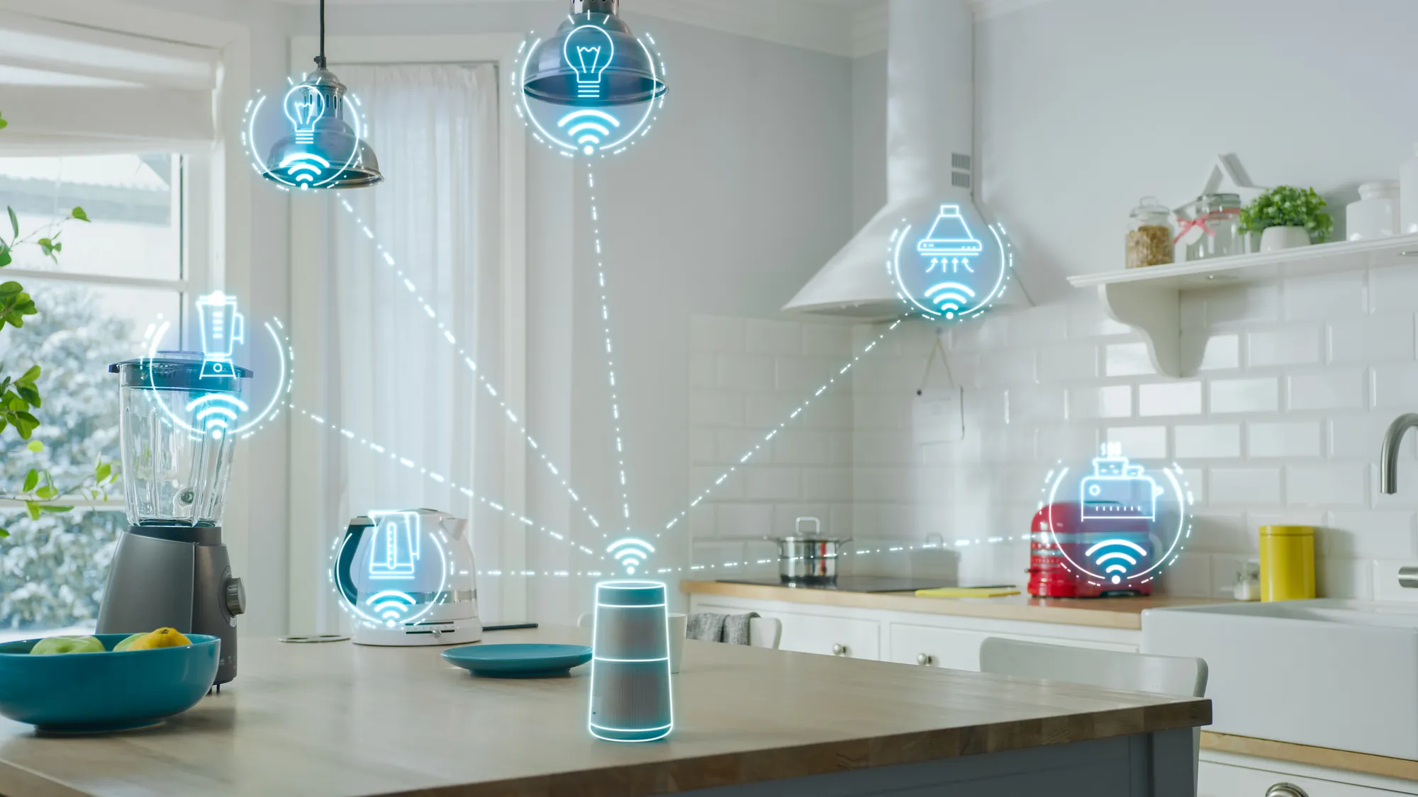 Smart-home kitchen with a voice assistant wirelessly connected to lights and appliances, a real-world residential test environment
